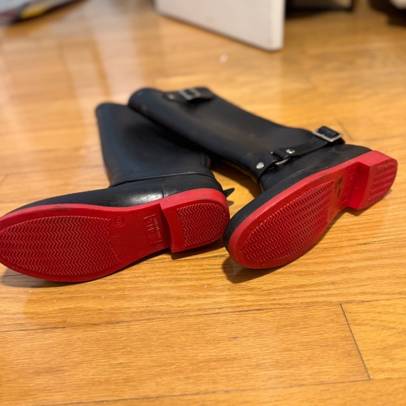 preowned, DAV knee high zipper back , silver accent and red bottom rain boots - Picture 3 of 3